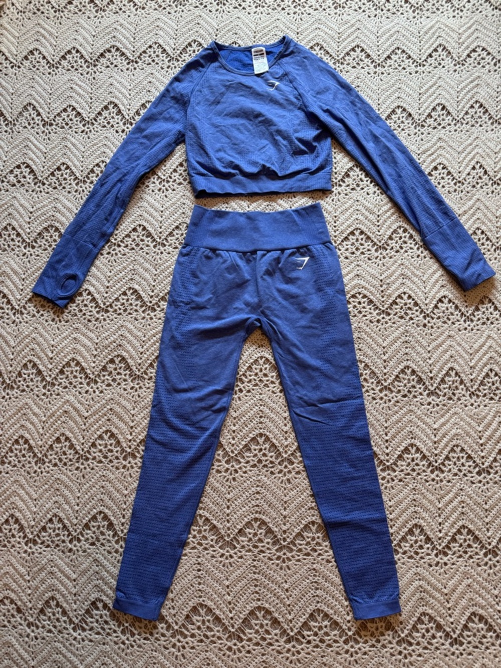 Gymshark Matching Workout Set Blue Crop Top and Leggings Size Medium Compression